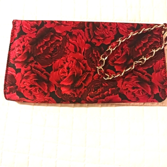 White House Black Market Satin Ruffle Rose Clutch Cocktail Purse - Picture 5 of 9